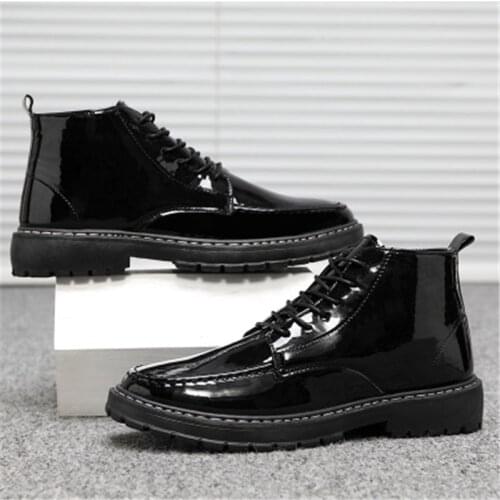Fashion Men Patent Leather Ankle Boots Autumn Winter High Top Board Shoes Male Business Dress Booties Motorcycle Martin Boots