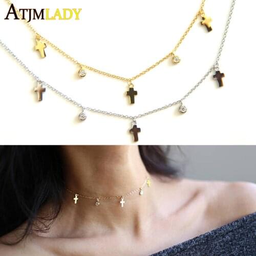 100% 925 sterling silver 33+7cm extend chain cz drop cross charm Fine silver jewelry chocker choker summer design necklace