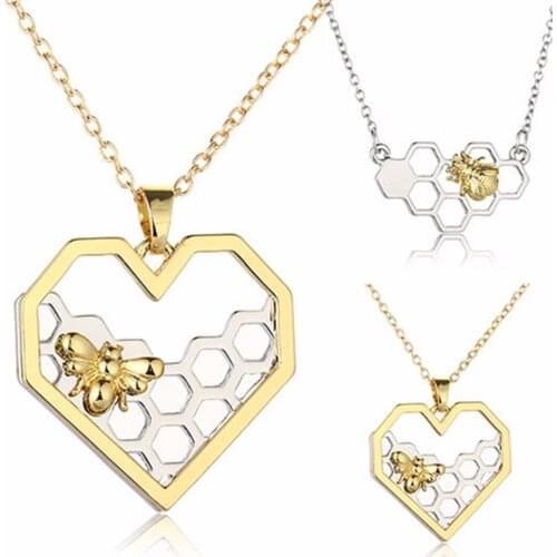 Mens Bee Chain Pendant Necklace Shellhard Classic Heart Hollow Honeycomb Honeybee Necklaces Fashion Jewelry Gift