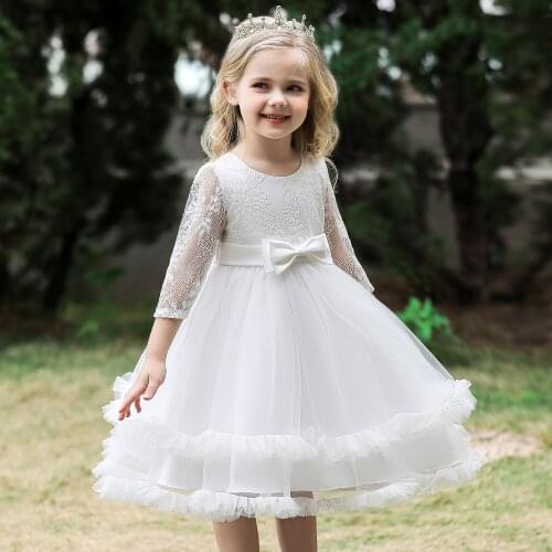 2021 Summer Long Sleeve Baptism Kids Dress For Girl Children Costume Party Lace White Princess Dresses Girls Vestido Clothing