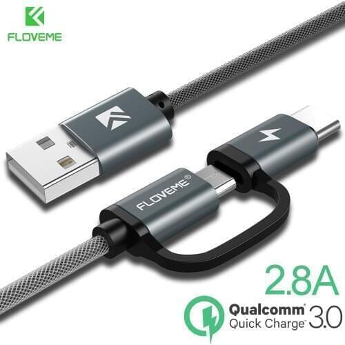 FLOVEME 2 in 1 Fast Charging Micro USB Type C Cable Quick Charge QC 3.0 for Xiaomi Mi9 Huawei Samsung Mobile Phone Cable Type C