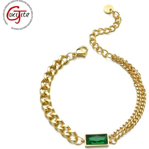 Goxijite Gold High Quality Green Zircon Bracelet For Women Stainless Steel Cuban Link Chain Bracelets On The Hand Jewelry Gift