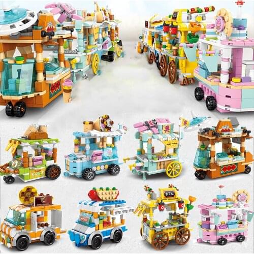 Miniature Fast Food Mini Street View Retail Store Set Model Building Blocks Bricks Kit Ice Cream Shops City Canteen Van Vehicle
