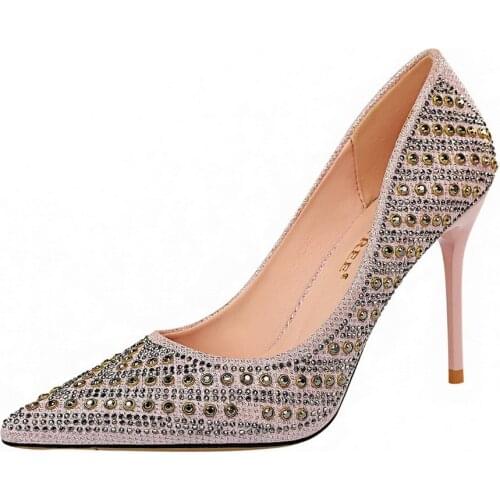 Fashion high heels shallow mouth pointed toe metal rivets rhinestone sexy party single shoes high heels