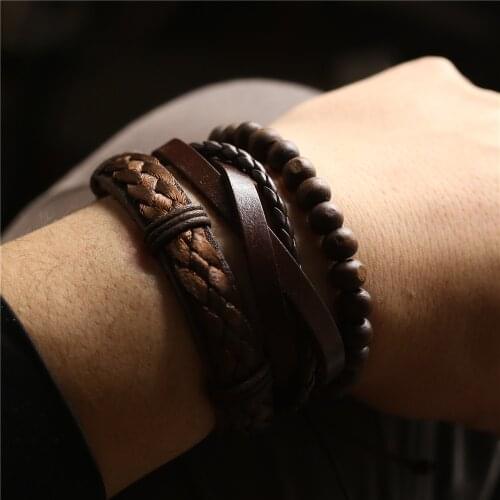 New 3 Pcs/set Multi-layer Handmade Weave Brown Genuine Leather Men Bracelets For Women Wood Beads Bangles Homme Male Jewelry