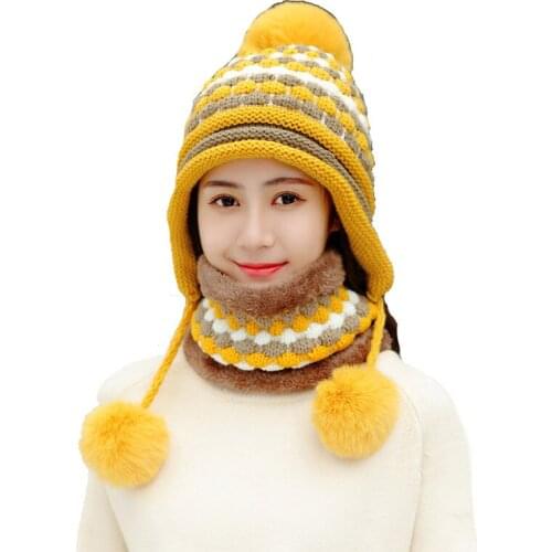 2019 New Wool Knitted Winter Hat Scarf Set Women Thick Cotton Beanies Scarf Set Female Knitted Winter Accessories Girls Caps