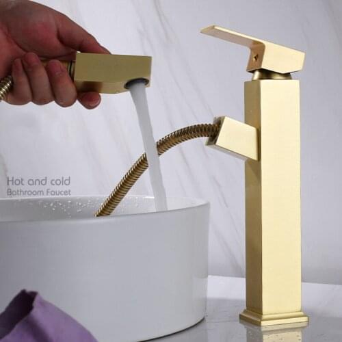 New Basin Faucet Brass Sink Mixer Tap Hot & Cold Bathroom Deck Mounted Pull Out Sink Faucet Brush Gold Lavatory Crane Tap