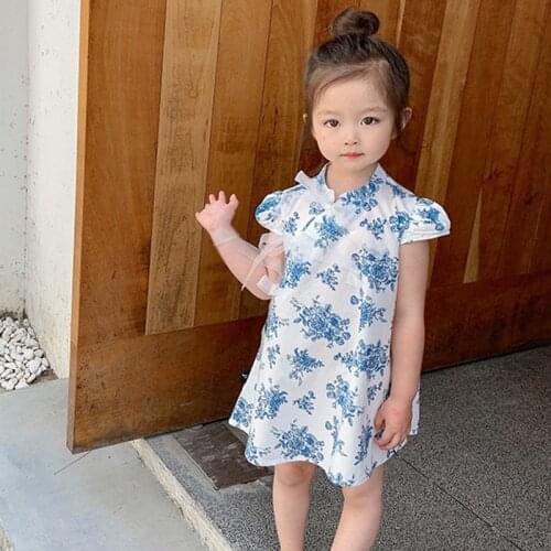 2021 Girl Chinese Style Dress Summer 1-6Year Baby Toddler Kids Retro Flower Butterfly Silk Cheongsam Dress Children Clothes