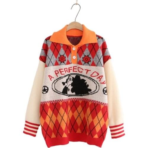 Women Sweater Cartoon Embroidery Korean Knitted Pullover 020 Winter Long Sleeve Turndown Collar Casual Office Ladies Cute Top