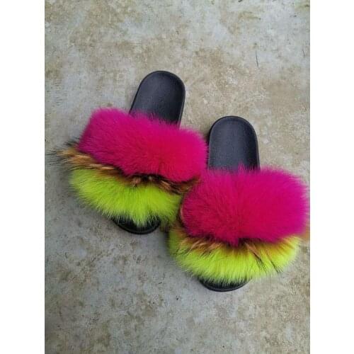 Fluffy soft real fox fur colorful slippers for women