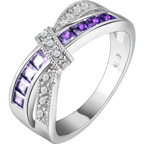 Luxury White Gold Cross Princess Finger Ring For Women Wedding Bands Engagement Colorful Purple/Red Cubic Zircon Jewelry Ring