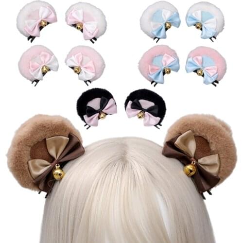 Handmade Faux Fur Round Bear Ears Hair Clip Sweet Double Bowknot Bell Plush Animal Hairpins Anime Lolita Kawaii Cosplay DropShip