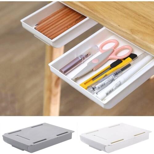 Self Stick Pencil Tray Office Desk Table Stationery Storage Drawer Room Makeup Brush Organizer Box UnderDesk Stand Self-adhesive