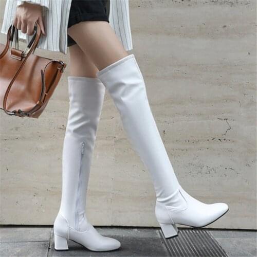 2019 Fashion Knee High Boots Women Winter Boots Square Loe Heel Long Boots Square Toe Zipper Autumn Female Boots Black White
