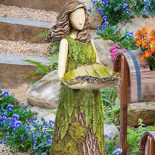 Sherwood Fern Fairy Statuary with Bird Feeder Decor Outdoor Garden Statue Ornament Super Cute Resin Garden Decoration