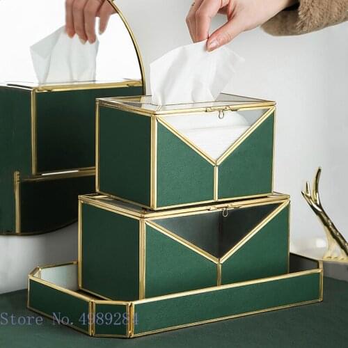 Creativity Grass Green Leather Transparent Tissue Box Tray Makeup Brush Storage Desktop Storage Organization Home Decoration