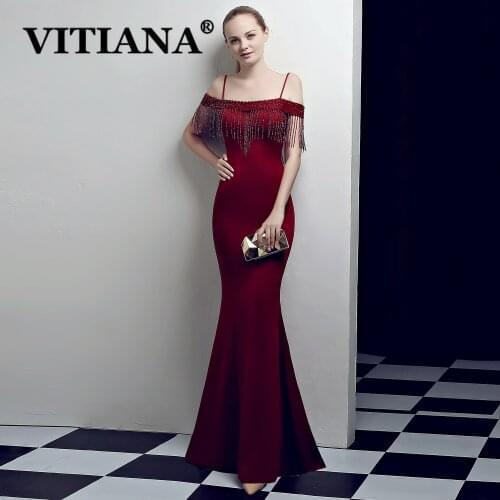 VITIANA Women Banquet Sexy Party Long Dress Female Spaghetti Strap Tassels Trumpet Elegant Wine Red Dresses Femme Host Vestidos