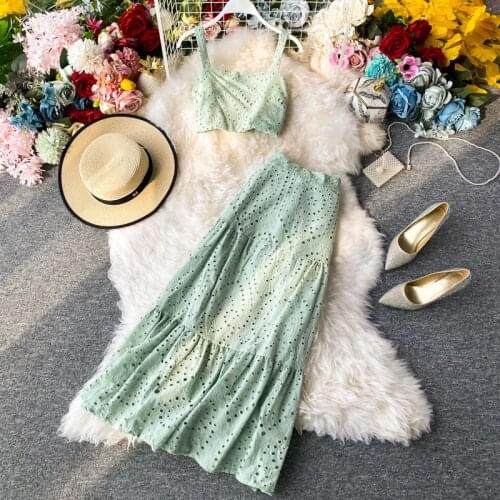 Vacation Style Suit Short Camisole Top 2Piece Women Casual High-Waisted Ruffle Skirt Long Skirt Set Female Summer Outfits