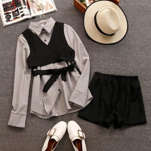 2021 Spring Autumn Women Long Sleeve Shirts + Vest + Black Shorts 3 pcs sets Female Fashion Suits A644