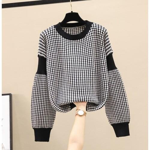 Black And White Plaid Sweater Womens 2021 Spring And Autumn New Loose Pullover Slim Casual Knitting Top