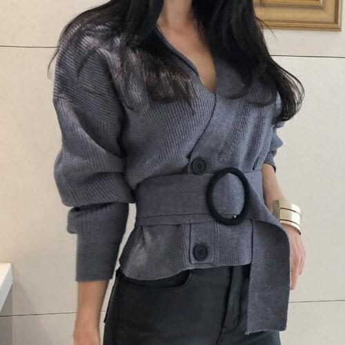Sexy V-neck Full Sleeve Short Knitted Open Stitch Double Breasted Women Sweater Cardigans Elegant Female Sashes Jumpers