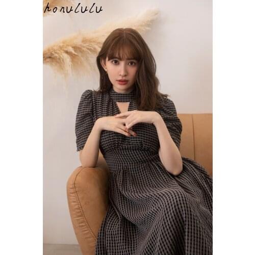 2021 autumn new Japanese style vertical stripes temperament puff sleeve waist long dress women
