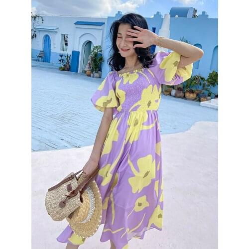 Womens slim dress bubble sleeve summer net red print dress holiday dress