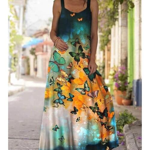 Vintage Summer Butterfly Print Dress Women Super Oversized Boho Clothes Beach Sleeveless Long Dress Casual 5XL Plus Size Dresses