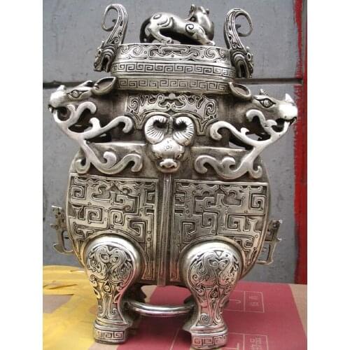 ZS 999 Foo Dog Cover beast veins Zun 2 Ox head Pot Jar Vase Tibet Silver Statue
