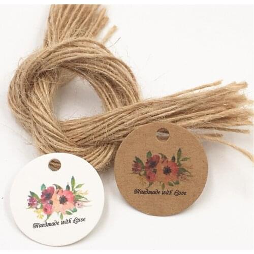 100Pcs/Lot Colorful Flower Love Heart Printed Round Kraft Paper Hanging Tags Price Note Label Tags With Hemp Strings For Gifts
