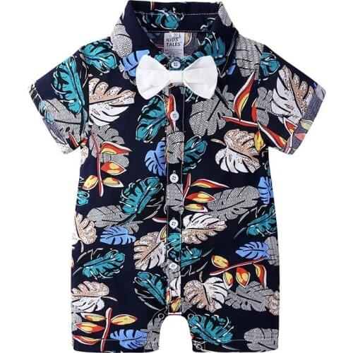 2021 Baby Summer Clothing Infant Kids Baby Boys Romper Leaf Print Bow Tie Turn-Down Collar Short Sleeve Jumpsuit