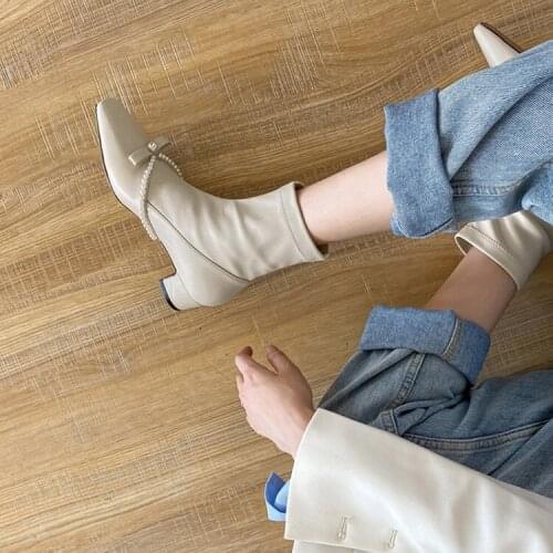2021 casual fashion vintage French pearl bow square toe mid heel stretch boots