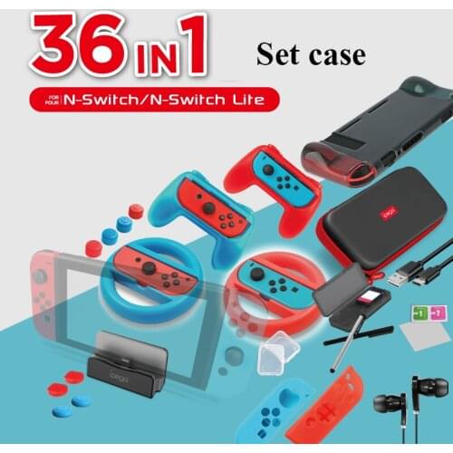 36 in 1 Set Case For Switch / Switch Lite Joycon Grip Steering Wheel Type-c Charging Dock Type- C cable Earphone Joystick Cap