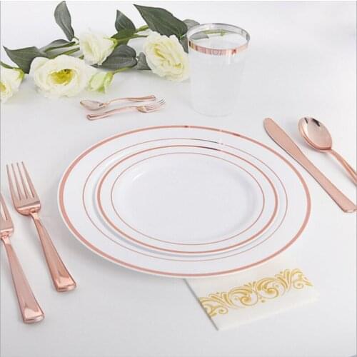 50pcs/lot Rose gold Birthday prom party rose gold hot stamping Disposable Plastic Plate Bronzing Hollow Plate Tableware Supplie