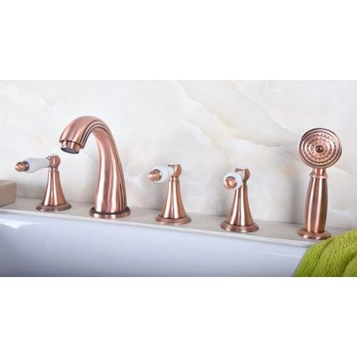 Antique Red Copper Brass Widespread Three Handles Deck Mounted 5 Holes Bathroom Tub Faucet Mixer Tap With Handshower mtf192