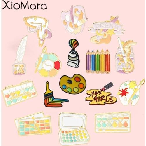 Cartoon Dream Art Oil Painting Enamel Pin Palette Brush Brooches Shirt Lapel Badge Buckle Jewelry Gift For Art Friend Wholesale