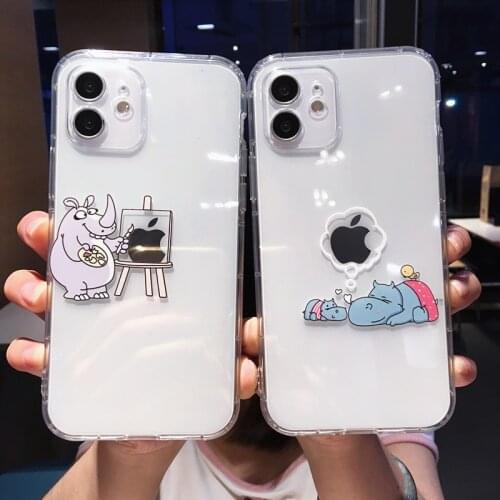 Funny Cartoon Hippo Phone Case For iPhone 12 11 Pro Max XS Max XR X 12 Mini 7 8 Plus Transparent Soft TPU Shockproof Back Cover