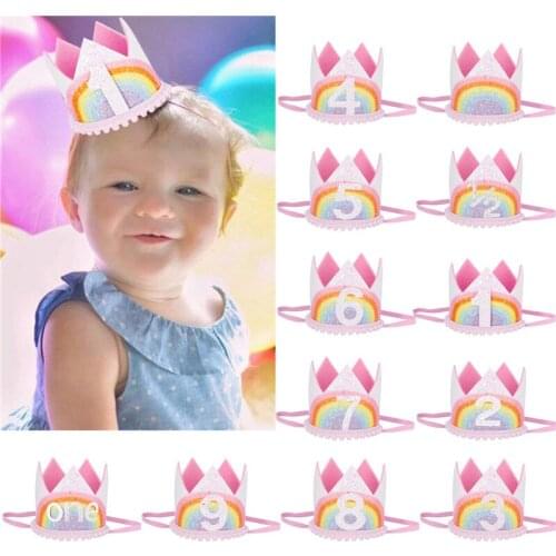 Chicinlife 1Pcs Rainbow Baby First Birthday Number Headband Crown Year Old Princess Hairband Baby Shower Party Decoration