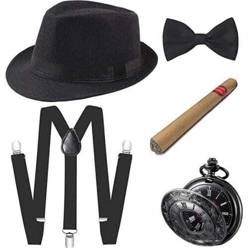 Halloween Cosplay Costumes 1920s Mens Gatsby Gangster Accessories Set Panama Hat Suspender Bow Tie Black Blue Red White