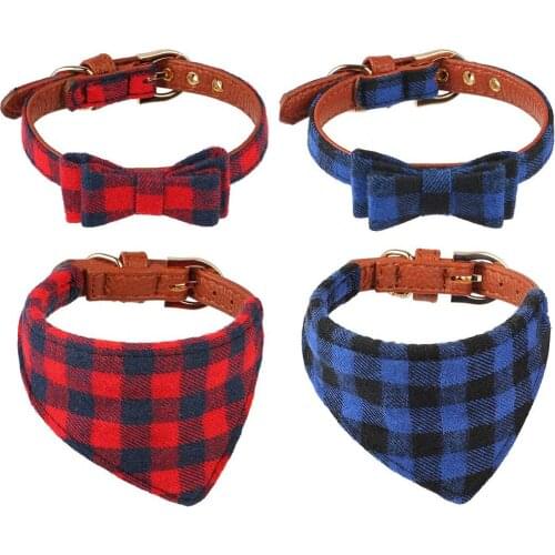 Leather Bow Tie Dog Collar and Leash Set Classic Plaid Adjustable Dogs Bandana and Collars with Bell for Puppy Cats 2 pcs