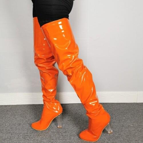 Fashion Women Thigh High Boots Super Sexy Clear PVC Square High Heels Boots Shiny Leather Round Toe Orange Club Wear Shoes Woman