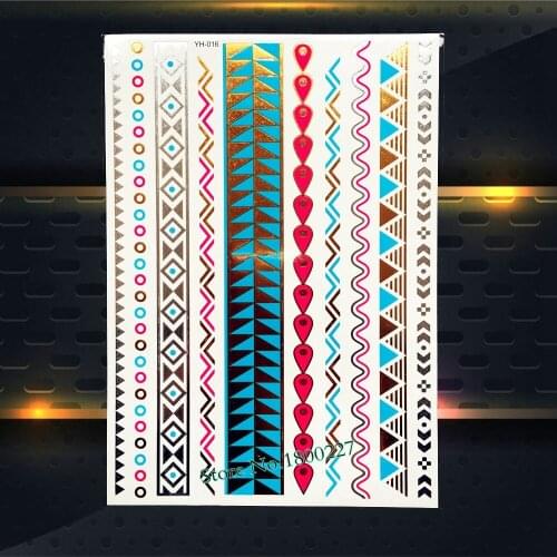 Red Blue Metallic Tattoo Gold Chain Bracelet Stickers Body Arm Leg Decals 21x15CM Waterproof Flash Temporary Tattoo Sticker