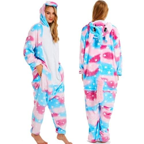 Unisex Adults Flannel Animal Onesies Unicorn Kigurumi Pajamas Winter Christmas Women Stitch Hooded Sleepwear Homewear Jumpsuit