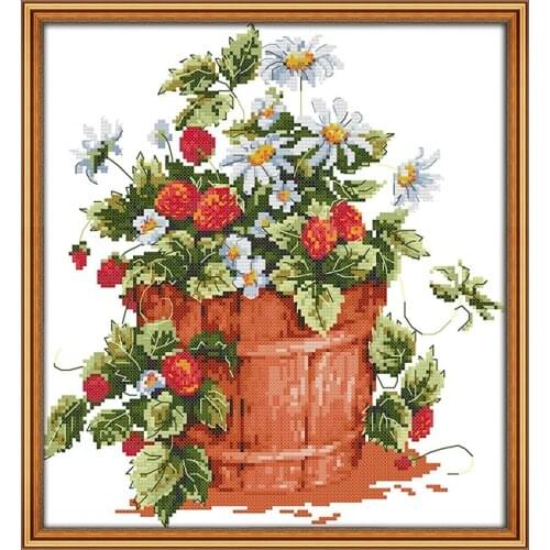 Joy Sunday A Pot of Strawberry Counting Cross Stitch Kit Family Pattern 11CT 14CT DIY Cross StitchKit Embroidery Needlework Set