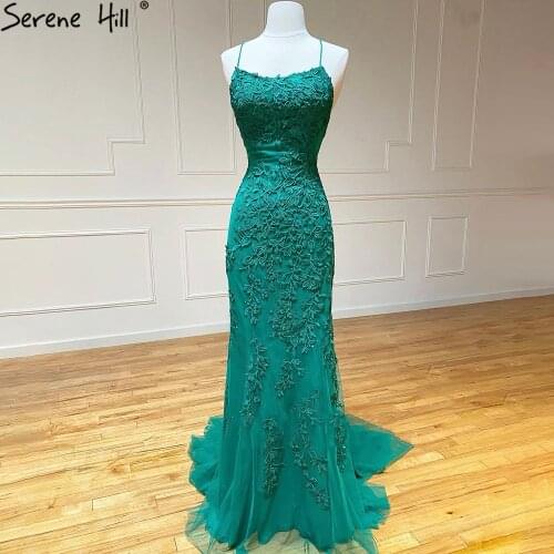 Serene Hill Green Spaghetti Strap Mermaid Prom Dresses 2021 Crystal Lace Elegant Graduation School Party Gown LA71162