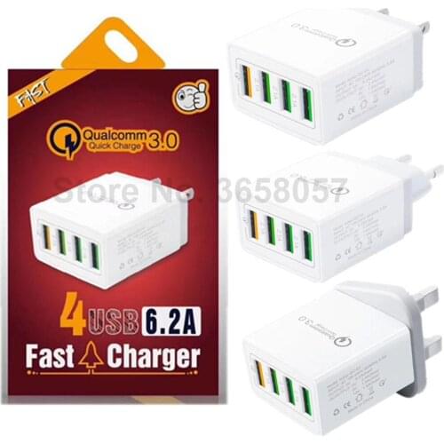 50pc Quick Charge 3.0 4 Port USB Charger USB Fast Charger QC3.0 For i phone 11 UK/EU/US Wall Adapter with retail box
