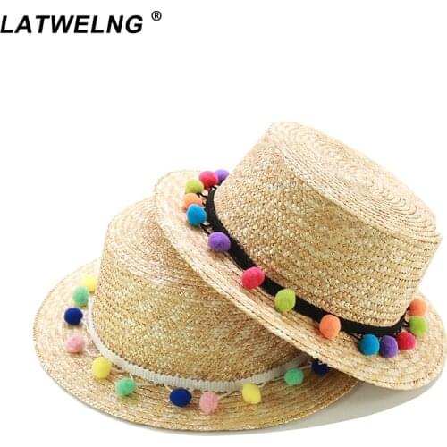 New Children & Adult Cute Tassel Pompoms Straw Hat Girls Beach Hat With Elastic Rope Flat Top Women Summer Sun Hat Wholesale