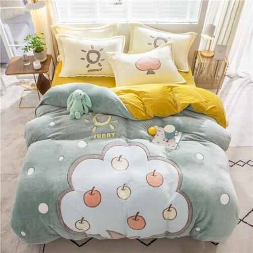 Light green/yellow/apple tree simple cartoon style winter coral velvet delicate warm velvet home textile four-piece quilt cover