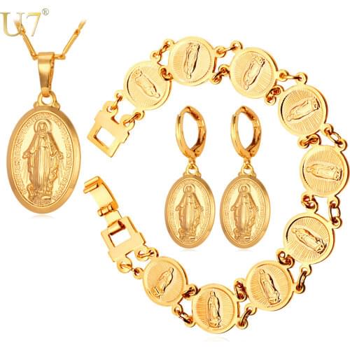 U7 New Virgin Mary Earrings Bracelet Necklace Set Wholesale Trendy Gold Color Christian Cross Women Jewelry Sets S681