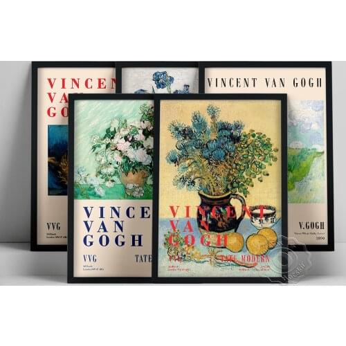 Vincent Van Gogh Exhibition Poster, Vase With Pink Roses Two Cut Sunflowers Oil Painting, Van Gogh Retro Flower Canvas Prints